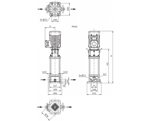 Вертикальный многоступенчатый насос Wilo HELIX V202-1/16/E/S/1-230-50