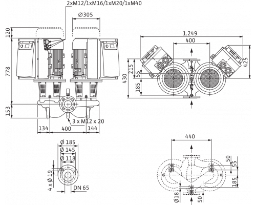 Циркуляционный насос с сухим ротором в исполнении Inline с фланцевым соединением Wilo CronoTwin-DL-E 65/170-11/2