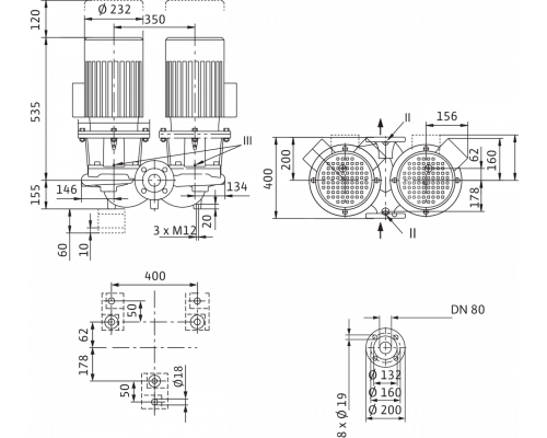 Циркуляционный насос с сухим ротором в исполнении Inline с фланцевым соединением Wilo CronoTwin-DL 80/120-4/2
