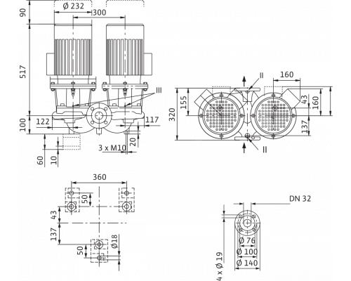 Циркуляционный насос с сухим ротором в исполнении Inline с фланцевым соединением Wilo CronoTwin-DL 32/170-4/2