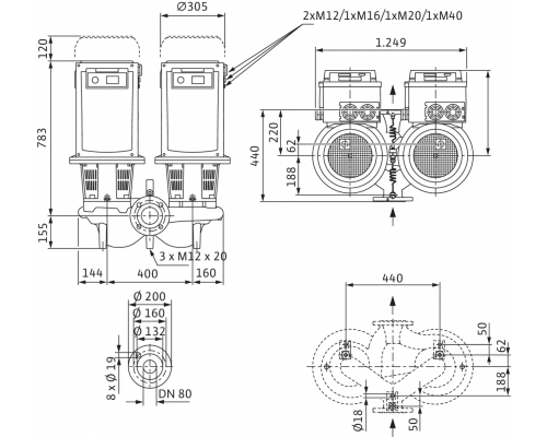 Циркуляционный насос с сухим ротором в исполнении Inline с фланцевым соединением Wilo CronoTwin-DL-E 80/160-11/2-R1