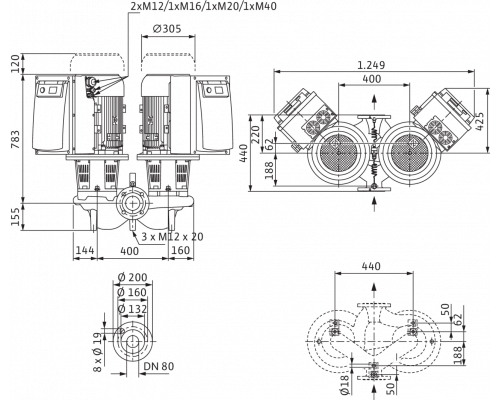 Циркуляционный насос с сухим ротором в исполнении Inline с фланцевым соединением Wilo CronoTwin-DL-E 80/170-15/2-R1