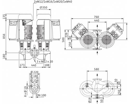 Циркуляционный насос с сухим ротором в исполнении Inline с фланцевым соединением Wilo CronoTwin-DL-E 100/165-22/2-R1