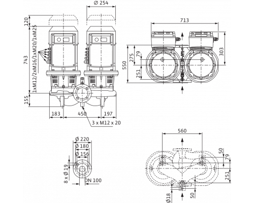 Циркуляционный насос с сухим ротором в исполнении Inline с фланцевым соединением Wilo CronoTwin-DL-E 100/220-5,5/4-R1