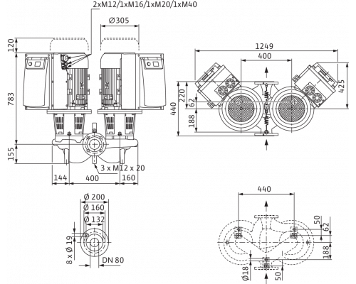 Циркуляционный насос с сухим ротором в исполнении Inline с фланцевым соединением Wilo CronoTwin-DL-E 80/160-11/2