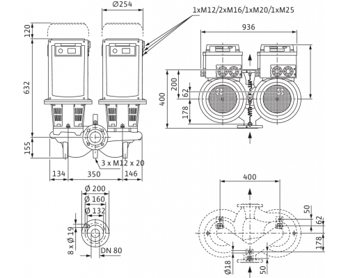 Циркуляционный насос с сухим ротором в исполнении Inline с фланцевым соединением Wilo CronoTwin-DL-E 80/140-7,5/2