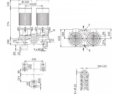 Циркуляционный насос с сухим ротором в исполнении Inline с фланцевым соединением Wilo CronoTwin-DL 125/250-11/4