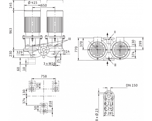 Циркуляционный насос с сухим ротором в исполнении Inline с фланцевым соединением Wilo CronoTwin-DL 150/305-30/4